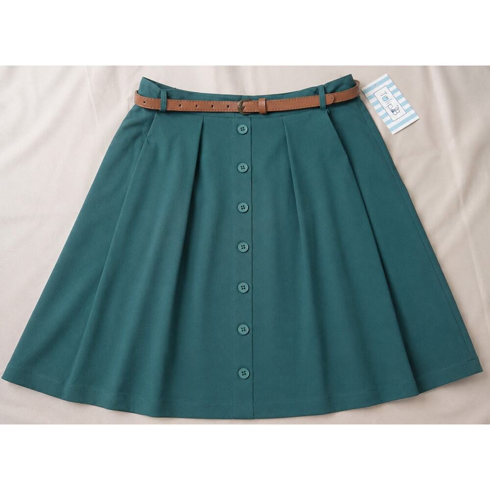 Tulip B Women's Green A-Line Skirt Medium Belted Faux Button Front Pockets NWT - Picture 2 of 6